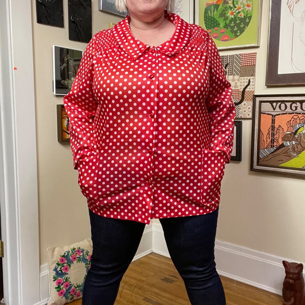 70s Red and White Polka Dot Peter Pan Collar Button Front Shirt Shacket Size 2X. - Picture 4 of 6